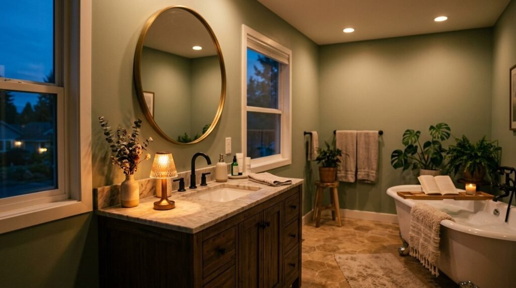 A warm and cozy modern bathroom interior with elegant fixtures and soft lighting.