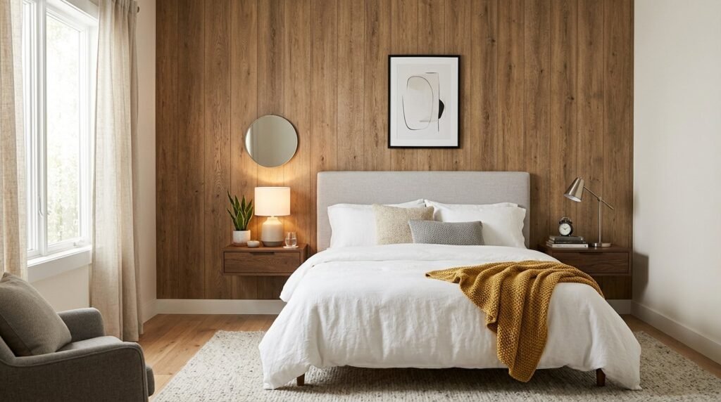 A stylish cozy modern bedroom with soft lighting, neutral tones, and comfortable furniture.