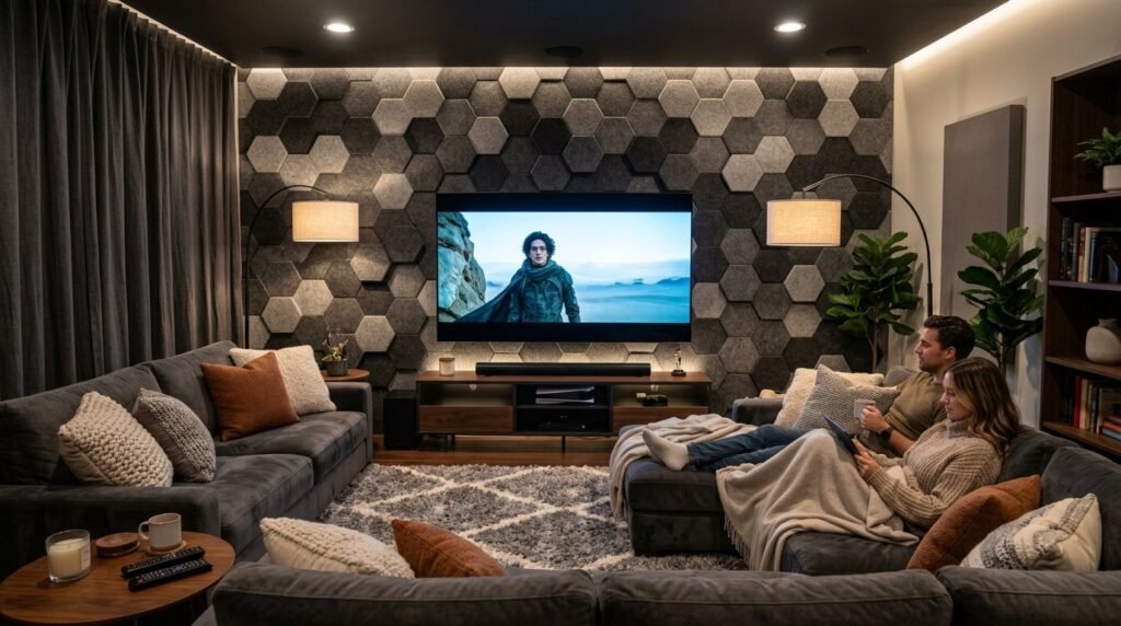 A warm and inviting modern media room featuring comfortable seating and soft ambient lighting.
