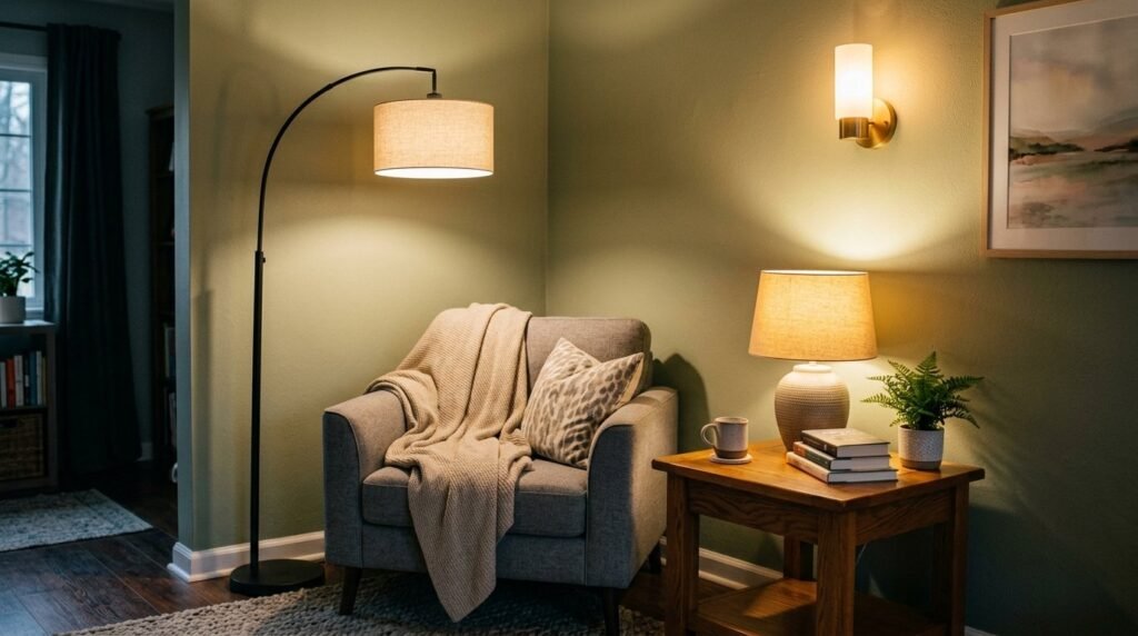 A beautifully decorated corner of a modern living room with natural lighting.