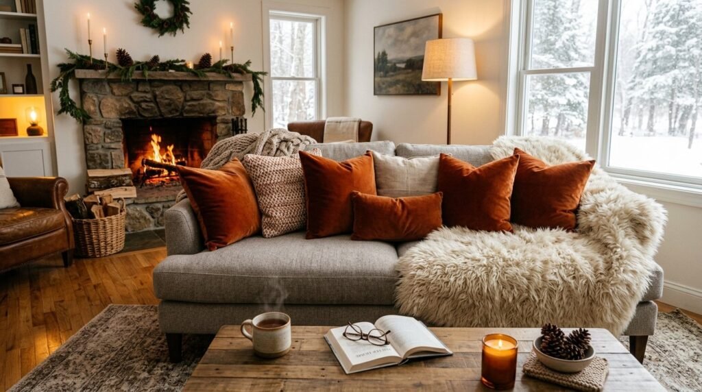 Warm and inviting modern living room with soft lighting and comfortable furniture.