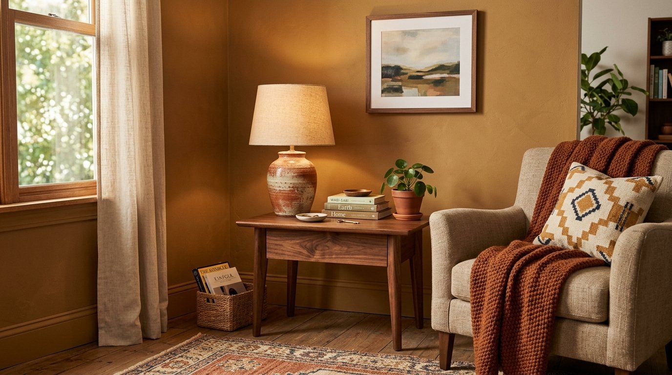 A beige armchair with a rust-colored throw blanket sits next to a wooden side table and lamp in a mustard room.