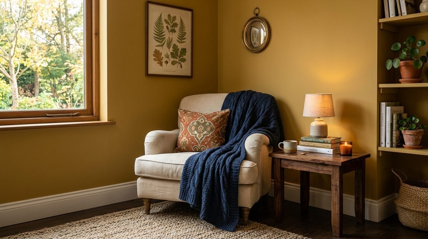 Beige armchair with navy blanket and patterned pillow in a mustard yellow room with a small wooden side table.