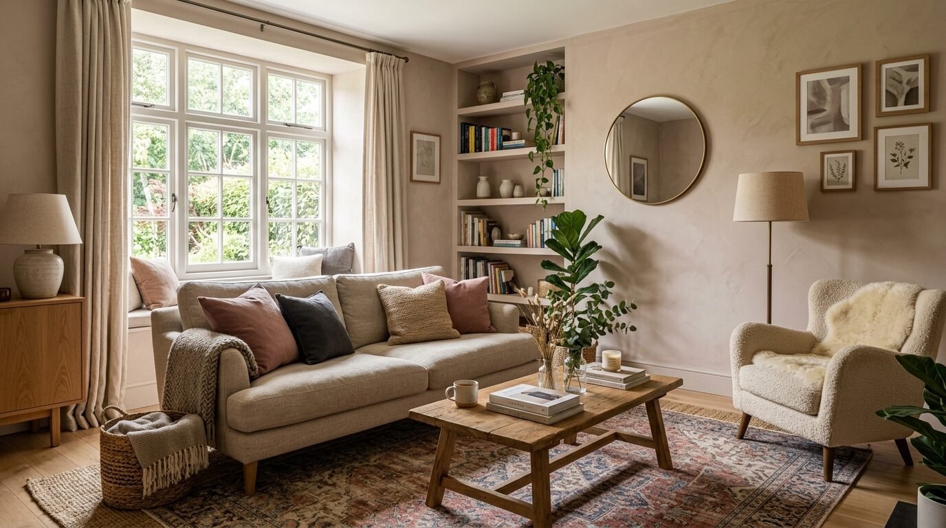 A sunlit living room with a cream sofa, textured armchair, built-in bookshelves, and a rustic wooden coffee table.