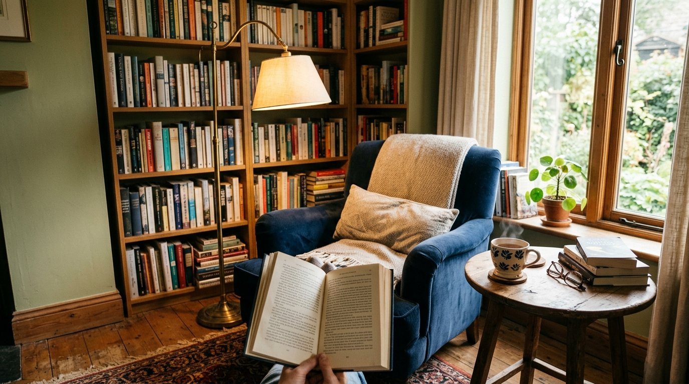 Person holding an open book in a velvet blue armchair next to a tall lamp and window.