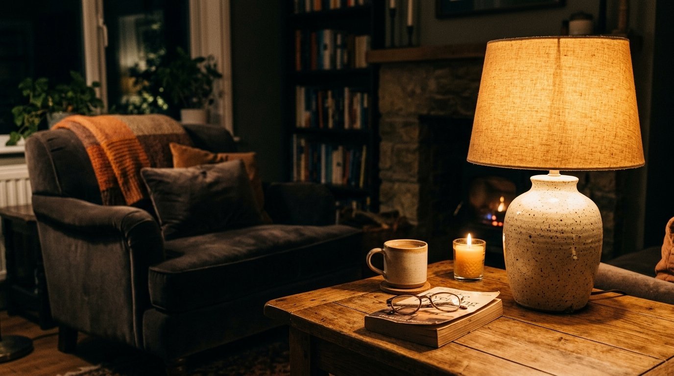 A rustic wood table with a lamp, mug, candle, and book next to a comfortable velvet armchair by a fireplace.