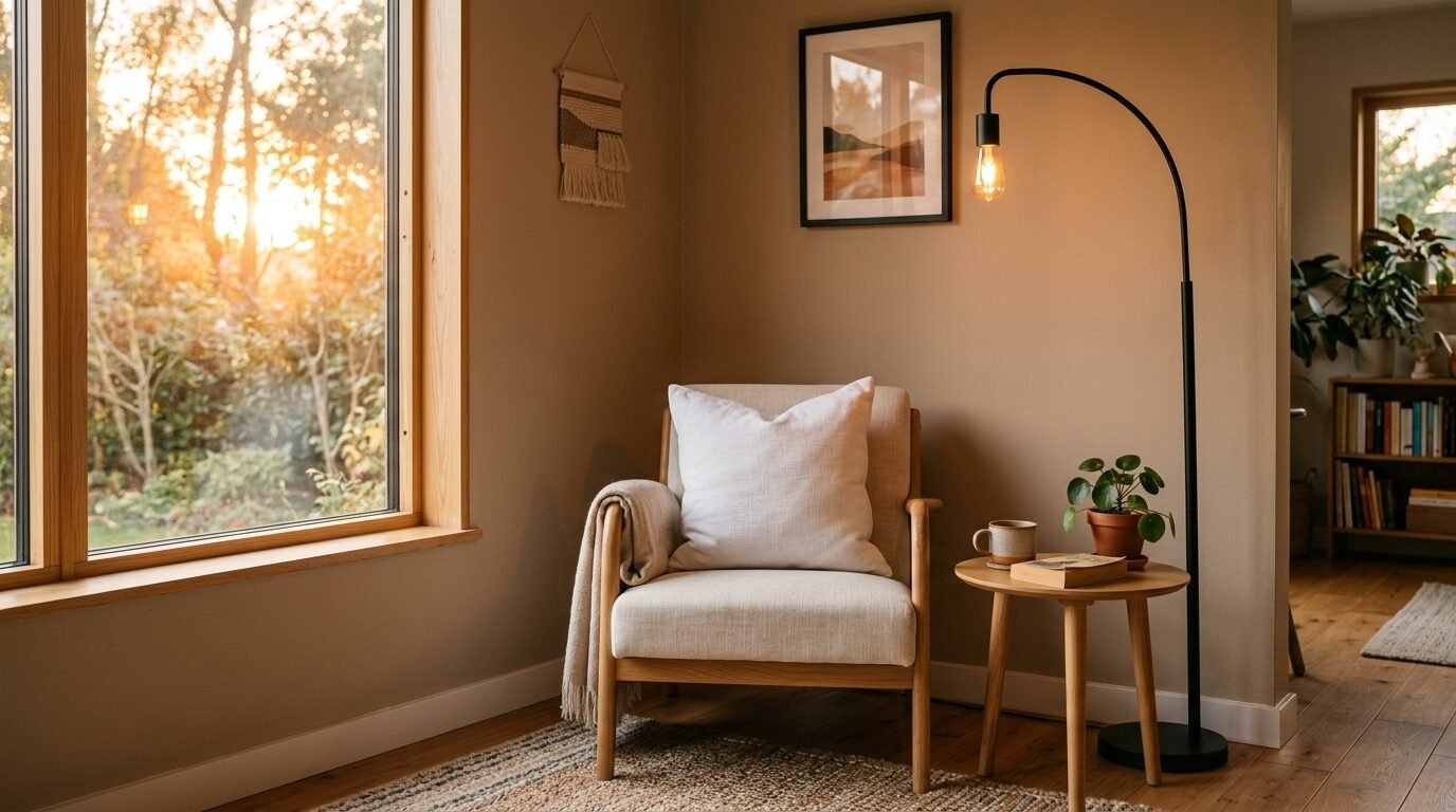 An armchair with a throw blanket beside a wooden side table with a book, plant, and mug in a sunlit corner.