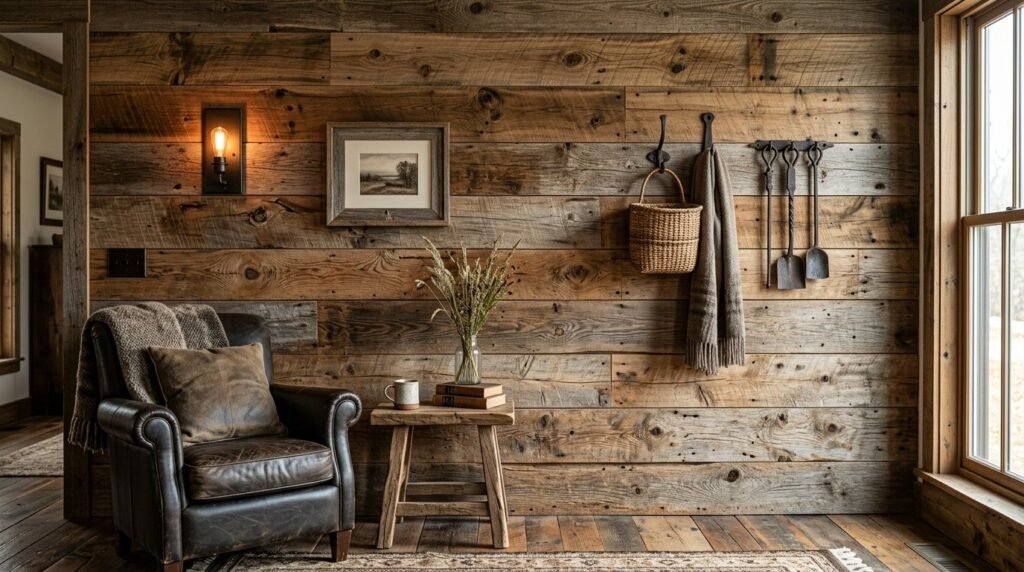 A beautifully designed rustic living room with warm wooden accents and comfortable furniture.