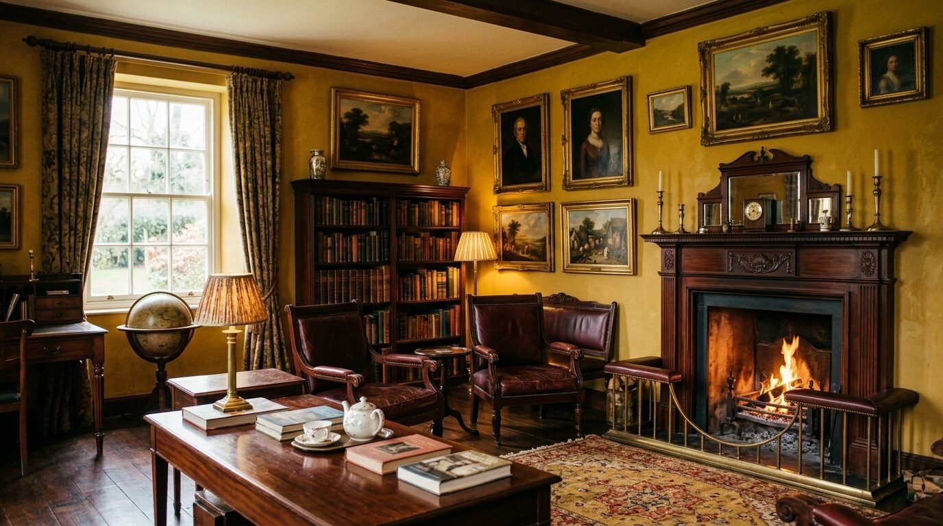 Classic library interior with leather armchairs, full bookshelves, and a lit fireplace under gold-framed paintings.