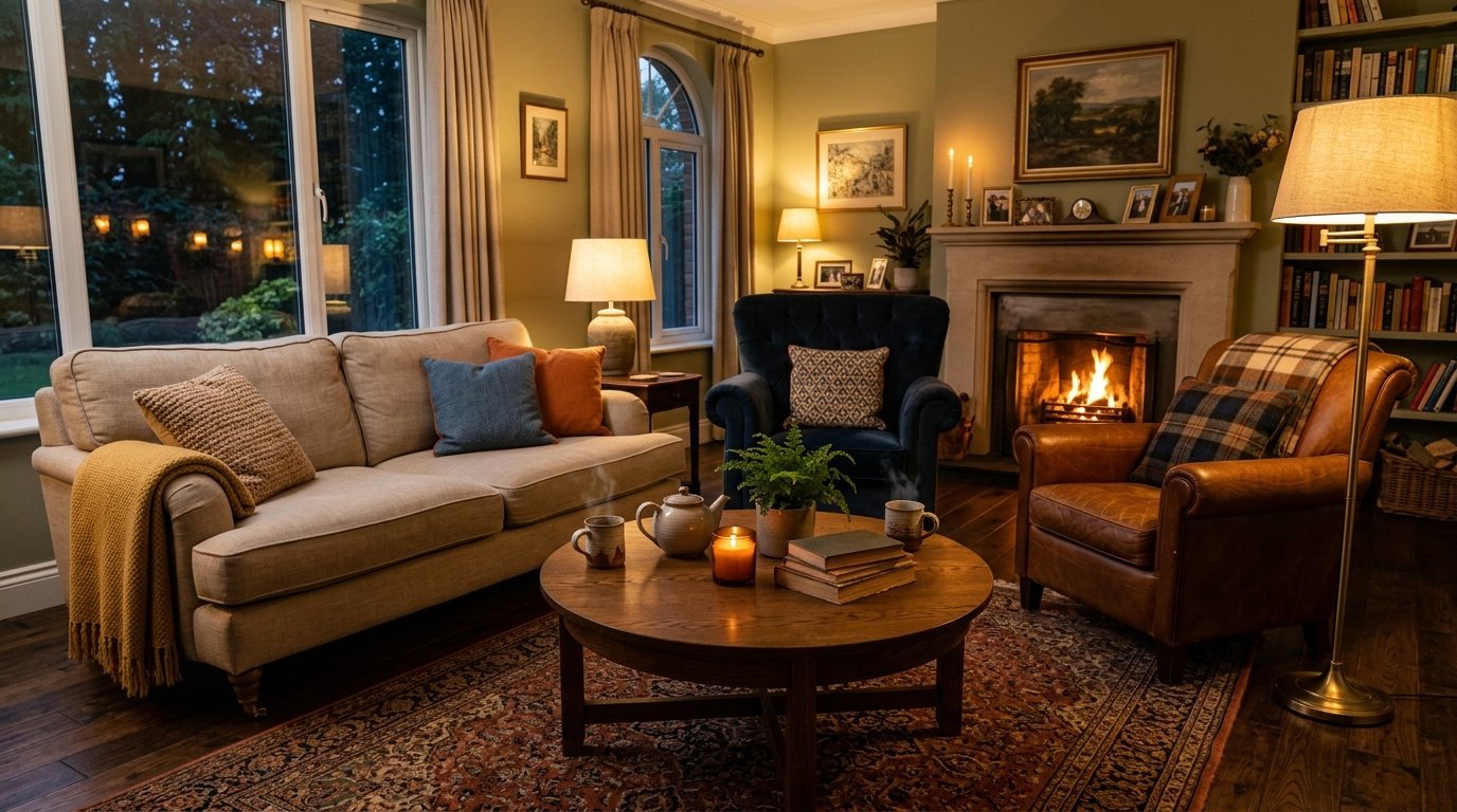 Traditional living room with beige sofa, blue armchair, leather seat, and fireplace at dusk.