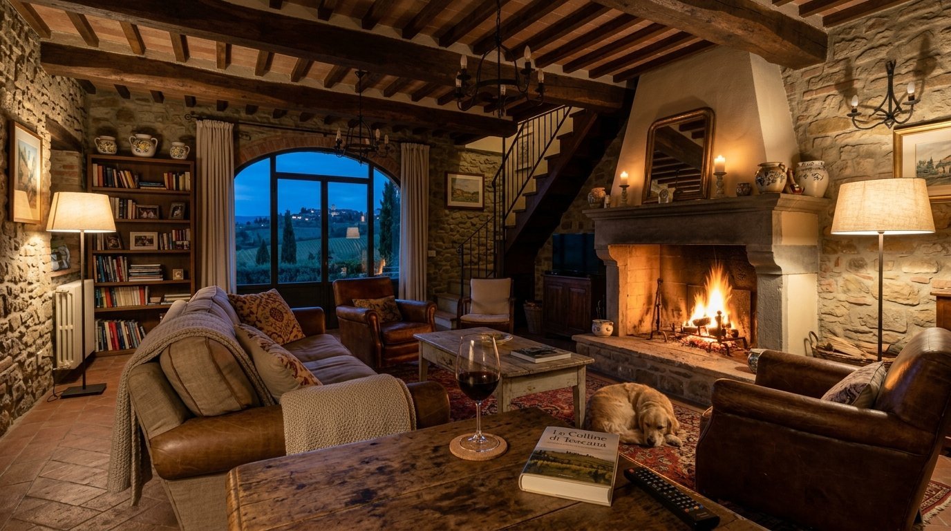 A golden retriever sleeps on a rug in a stone cottage interior with a lit fireplace and a glass of red wine.