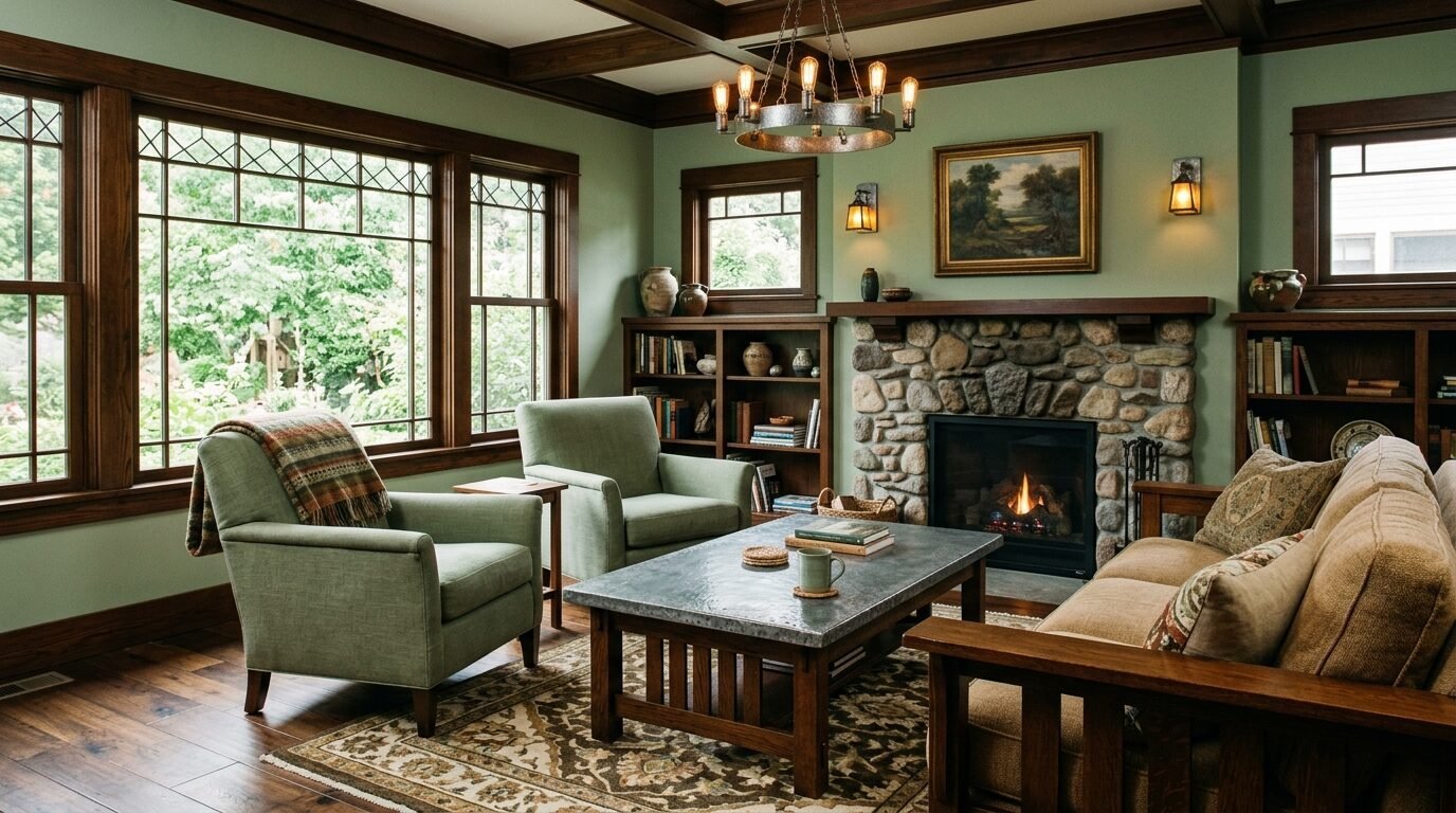 A craftsman style living room features sage green walls, a stone fireplace, and comfortable seating with wooden frames.