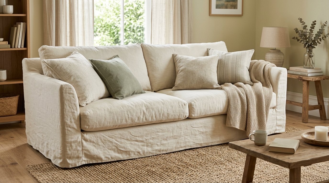 A comfortable off-white slipcovered sofa featuring green and striped accent cushions with a draped knit throw blanket.