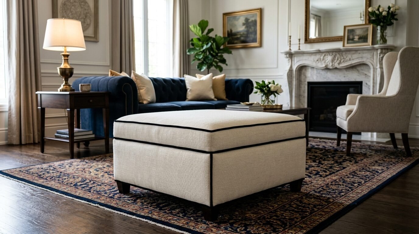 Square linen ottoman featuring dark contrast piping sitting on a patterned rug in a traditional home interior.