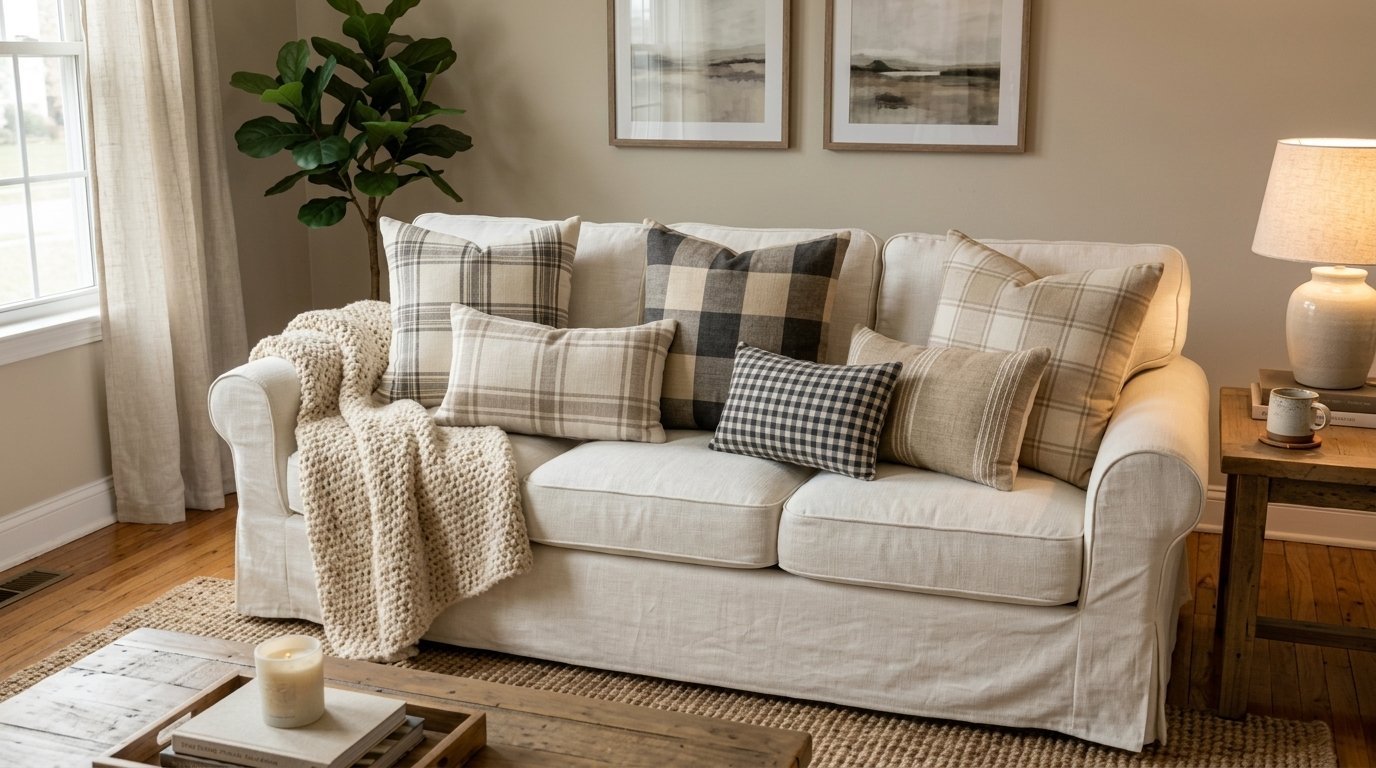 An off-white couch featuring textured throw blankets and decorative cushions in brown and black checkered patterns.