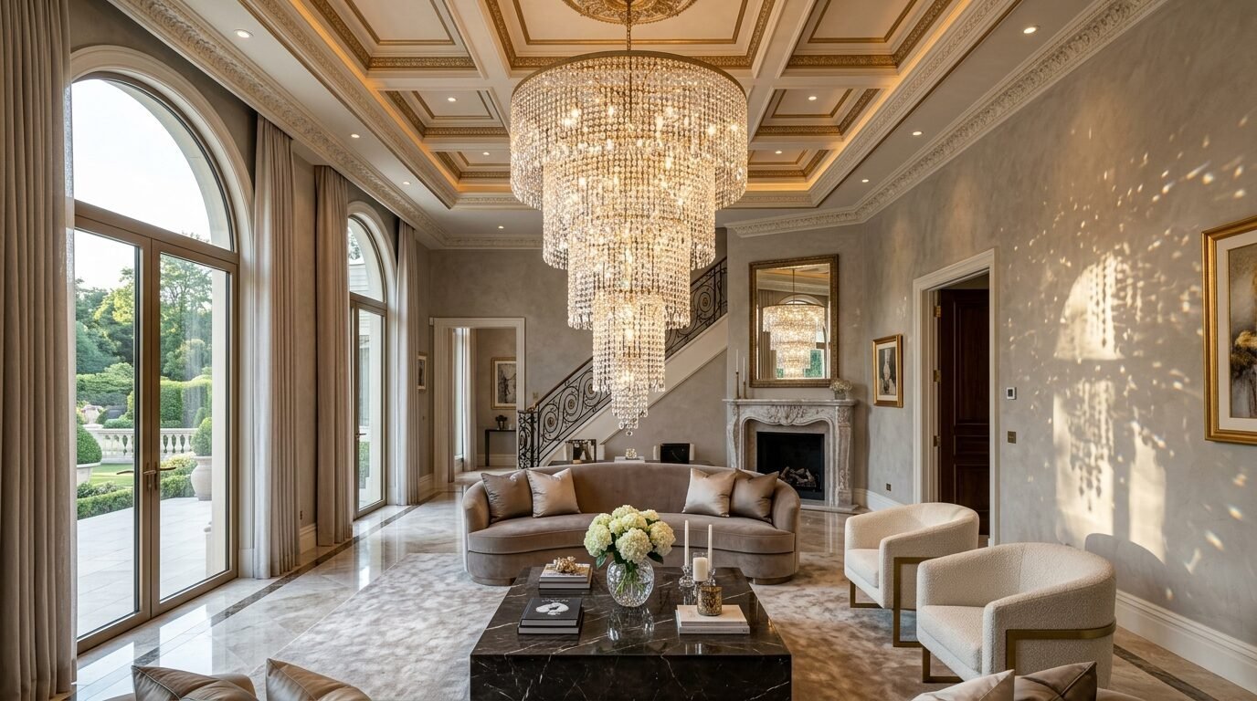 Luxurious interior with a multi-tiered crystal chandelier, curved sofa, and marble coffee table.