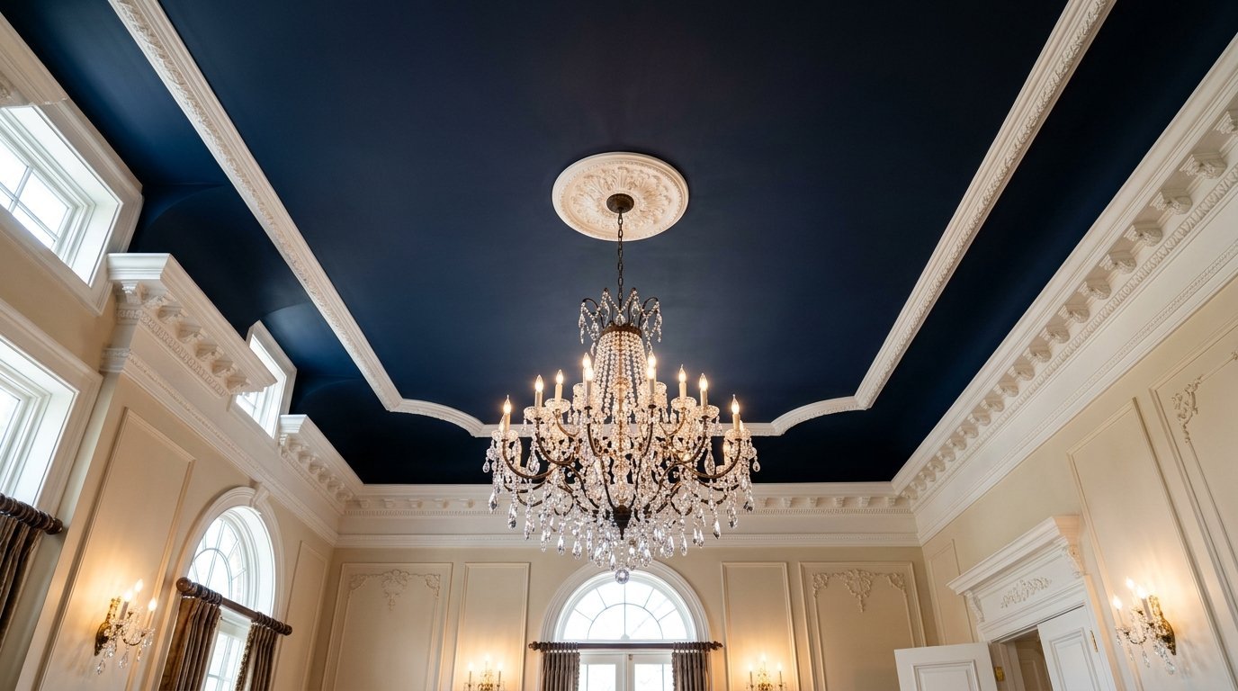 Ornate glass chandelier suspended from a tray ceiling painted in dark blue with white crown molding trim.