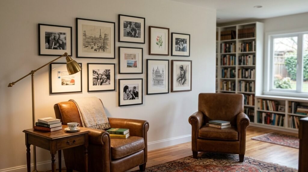 A thoughtfully arranged gallery wall featuring diverse artwork and framed photos in a modern home interior.