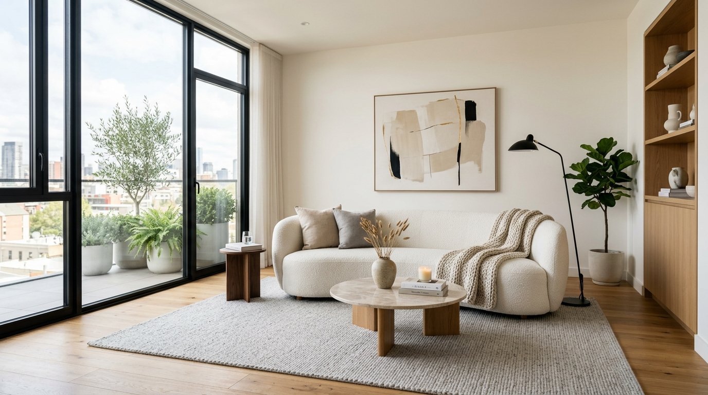 Modern living room with a white rounded couch, marble coffee table, and an abstract painting on the wall.