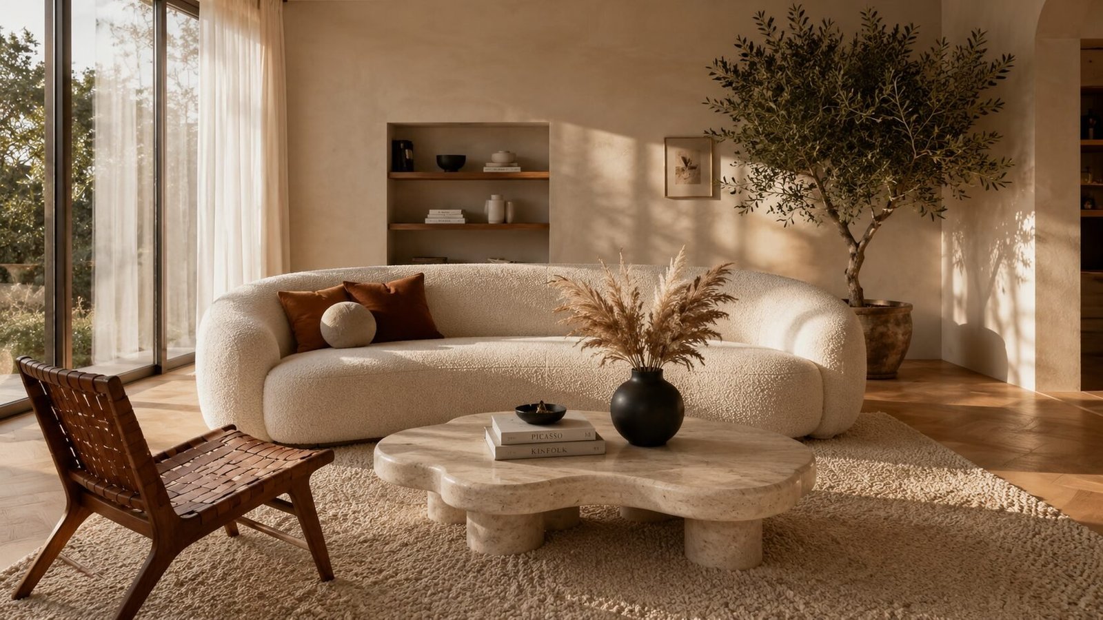 A beige bouclé sofa and organic shaped stone coffee table in a light-filled minimalist room with an olive tree.