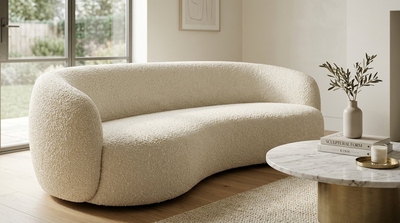 Round white textured couch sitting on wooden floors beside a circular marble coffee table.