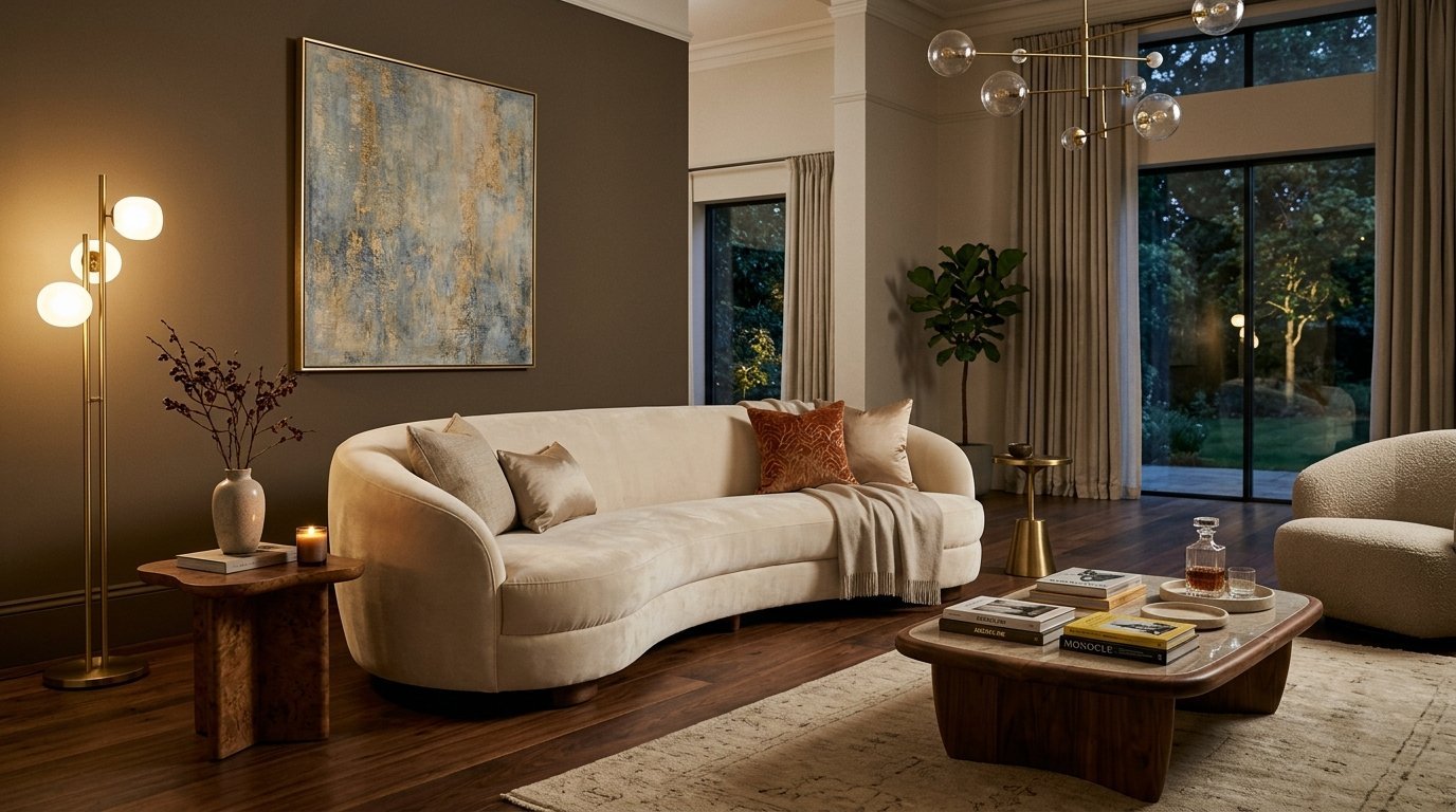 Elegant beige crescent sofa with textured pillows in a moody brown living space with gold accents and wood floors.