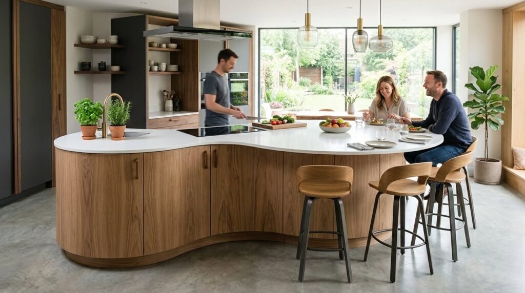 A sleek modern kitchen featuring a curved ergonomic layout with premium finishes.