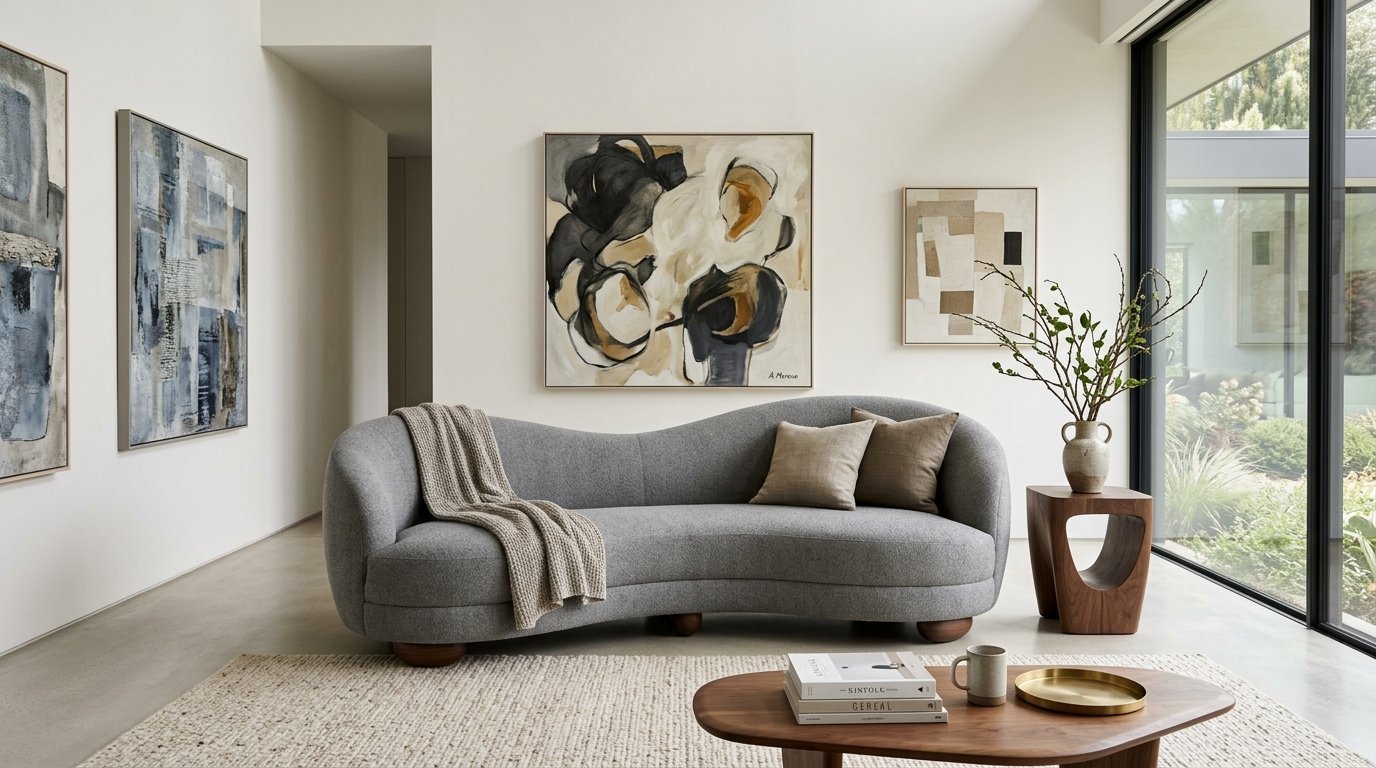 Modern living room featuring a gray crescent-shaped couch, abstract wall art, and a natural wood coffee table.