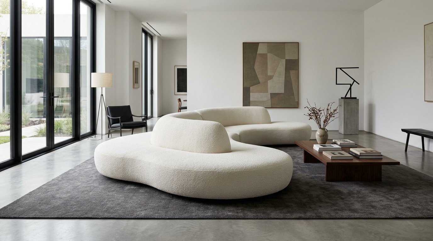 A plush, kidney-shaped white textured sofa sits on a large charcoal area rug in a bright, modern interior.