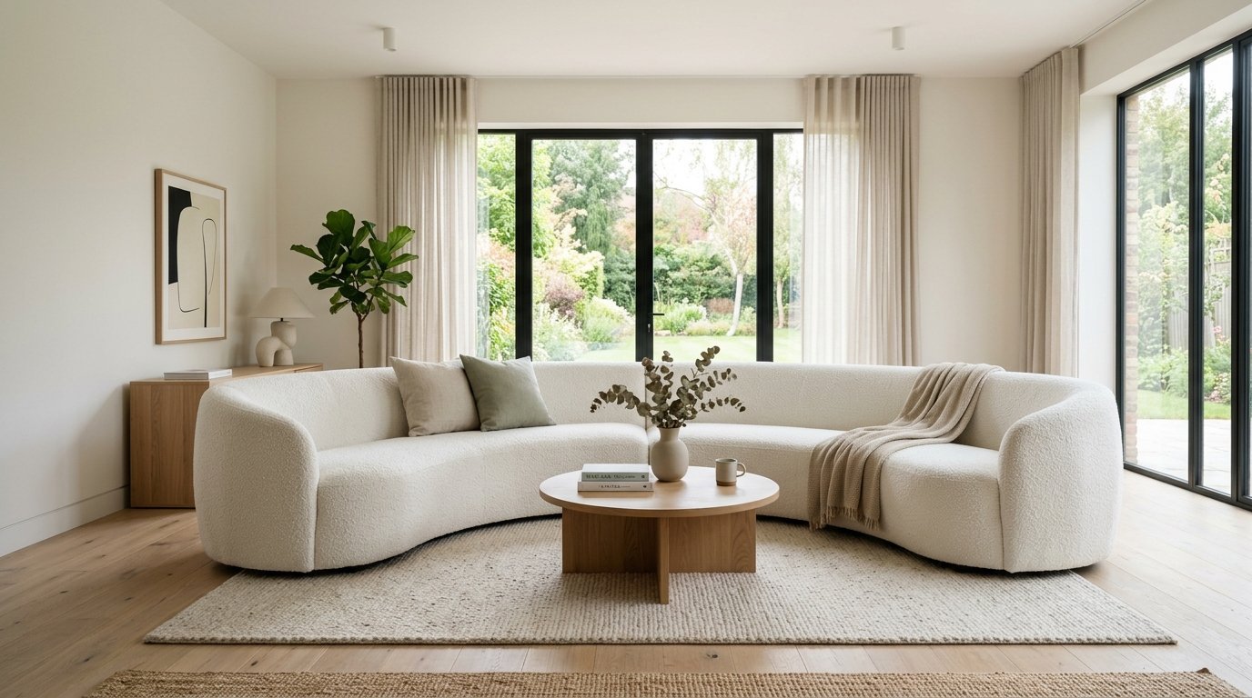 Round cream sofa with a wooden coffee table in a bright minimalist living room with garden views.