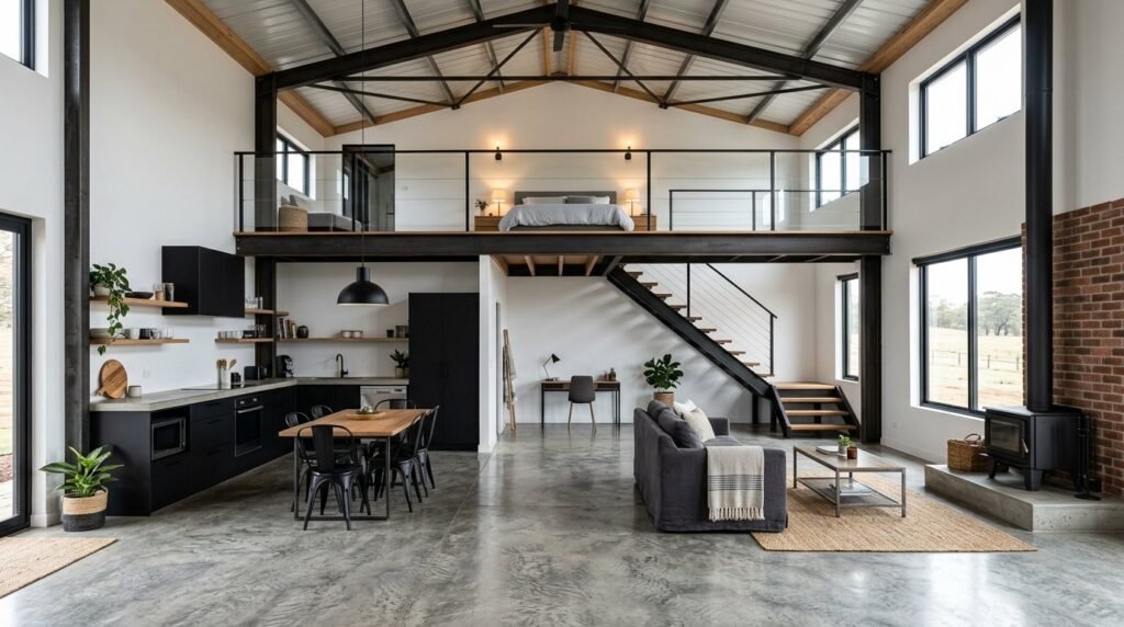 A detailed architectural floor plan layout for a modern barndominium home design.