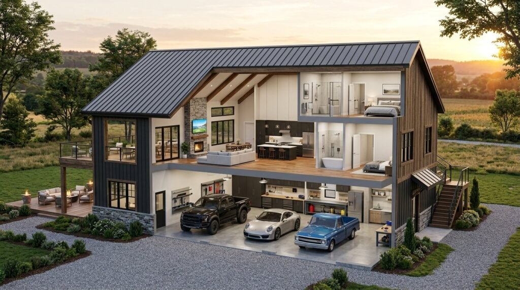 A exterior view of a modern custom barndominium with an integrated large garage space under a clear blue sky.
