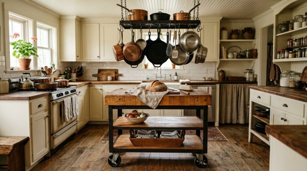 A beautiful kitchen featuring a large custom wooden butcher block island with bar stools.