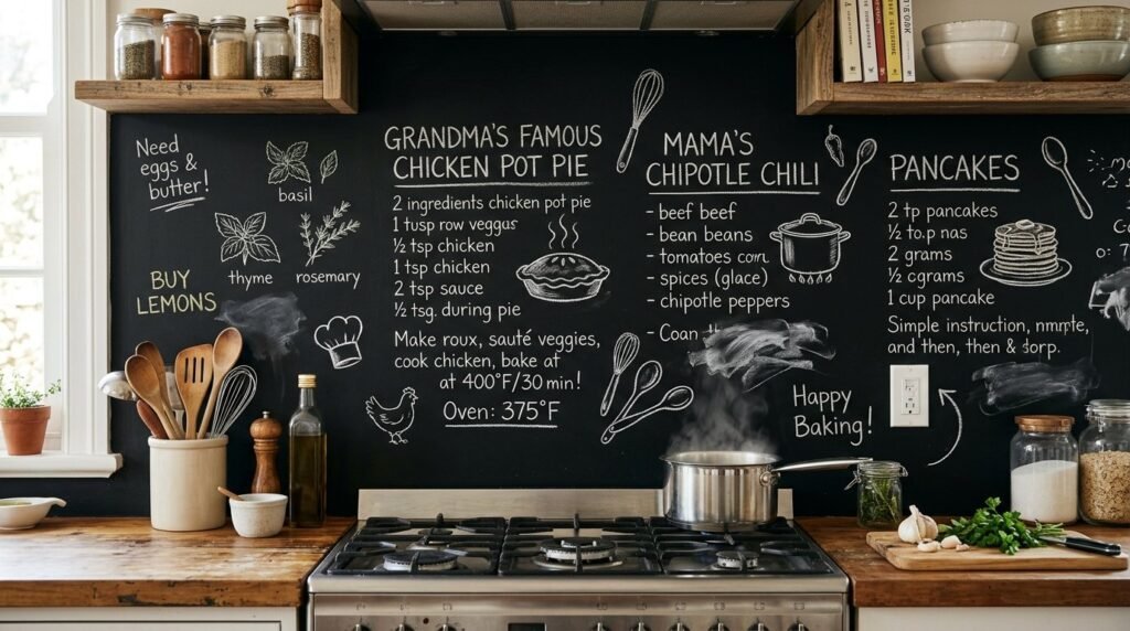 A creative kitchen interior design featuring a functional chalkboard backsplash with handwritten notes.