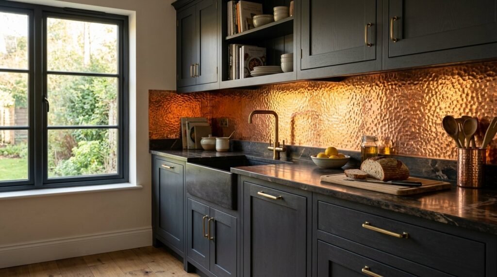 A stunning kitchen wall featuring a polished copper sheet backsplash with warm metallic reflections.