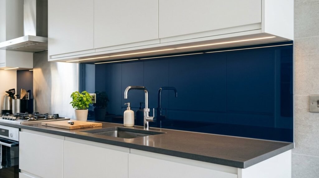 A sleek modern glass backsplash installed in a contemporary kitchen.