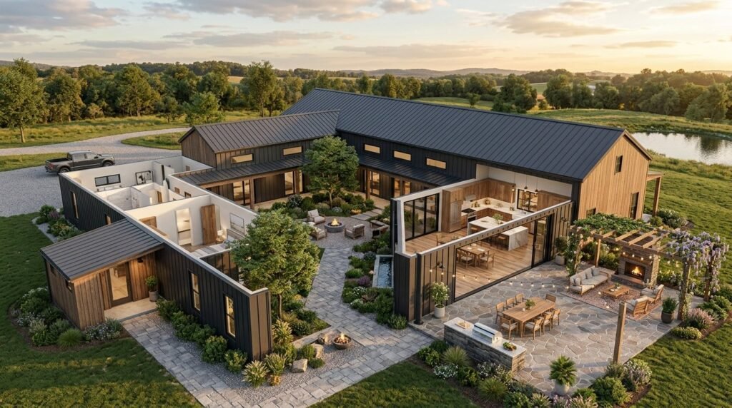 A custom L-shaped barndominium featuring modern farmhouse architecture and a spacious wrap-around exterior layout.