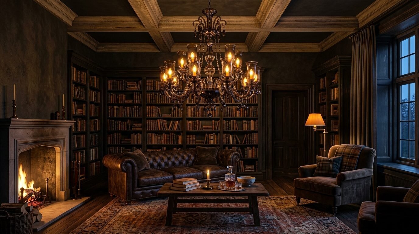 A dimly lit room with floor-to-ceiling bookshelves, a grand crystal chandelier, and a crackling fireplace.