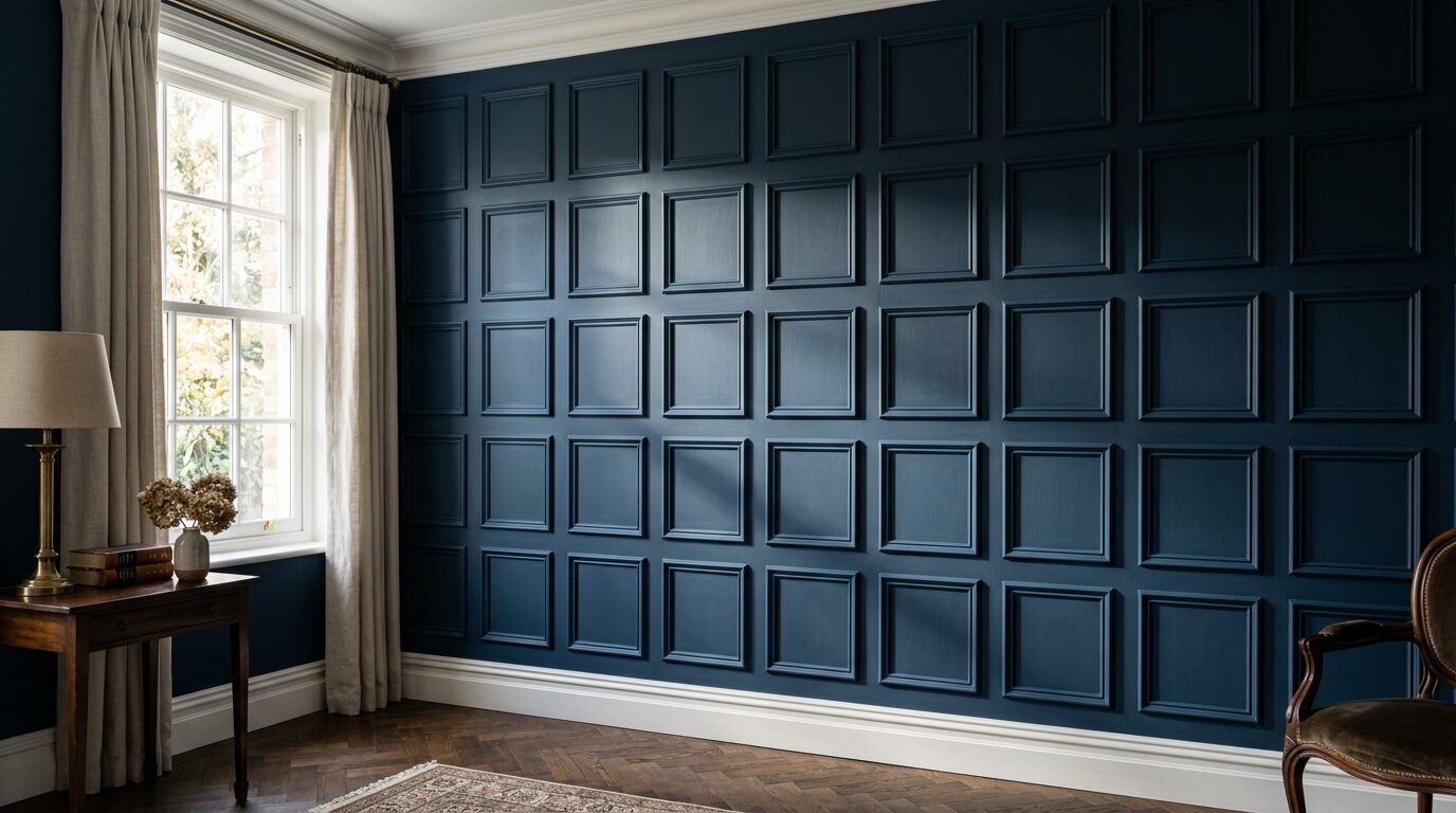 A navy blue wall covered in grid-style wooden molding with a nearby lamp and vintage armchair.