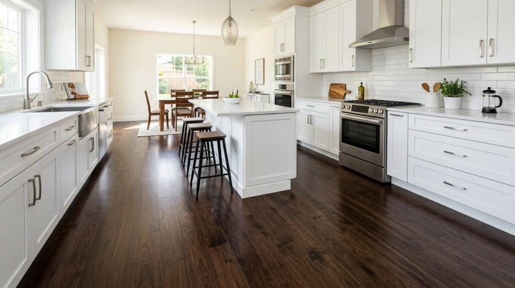 Polished dark espresso walnut hardwood floors in a modern living space with natural light.