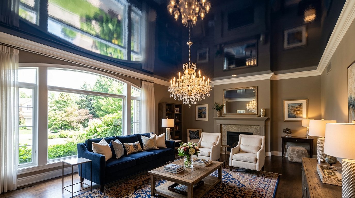 A sophisticated living room with a navy sofa, crystal chandelier, and a high-gloss black ceiling reflecting the room.