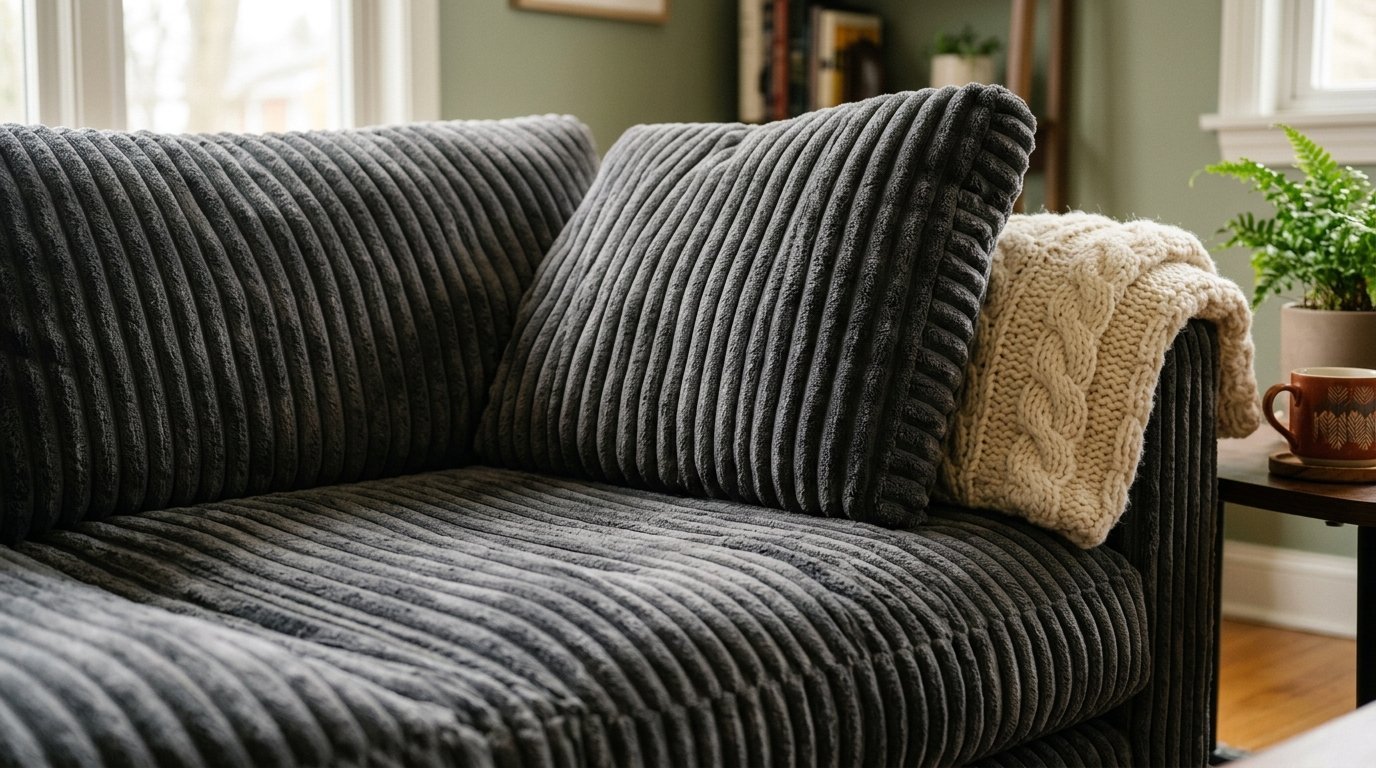 Close up of a ribbed grey sofa cushion featuring a soft cream colored knitted blanket draped on the armrest.