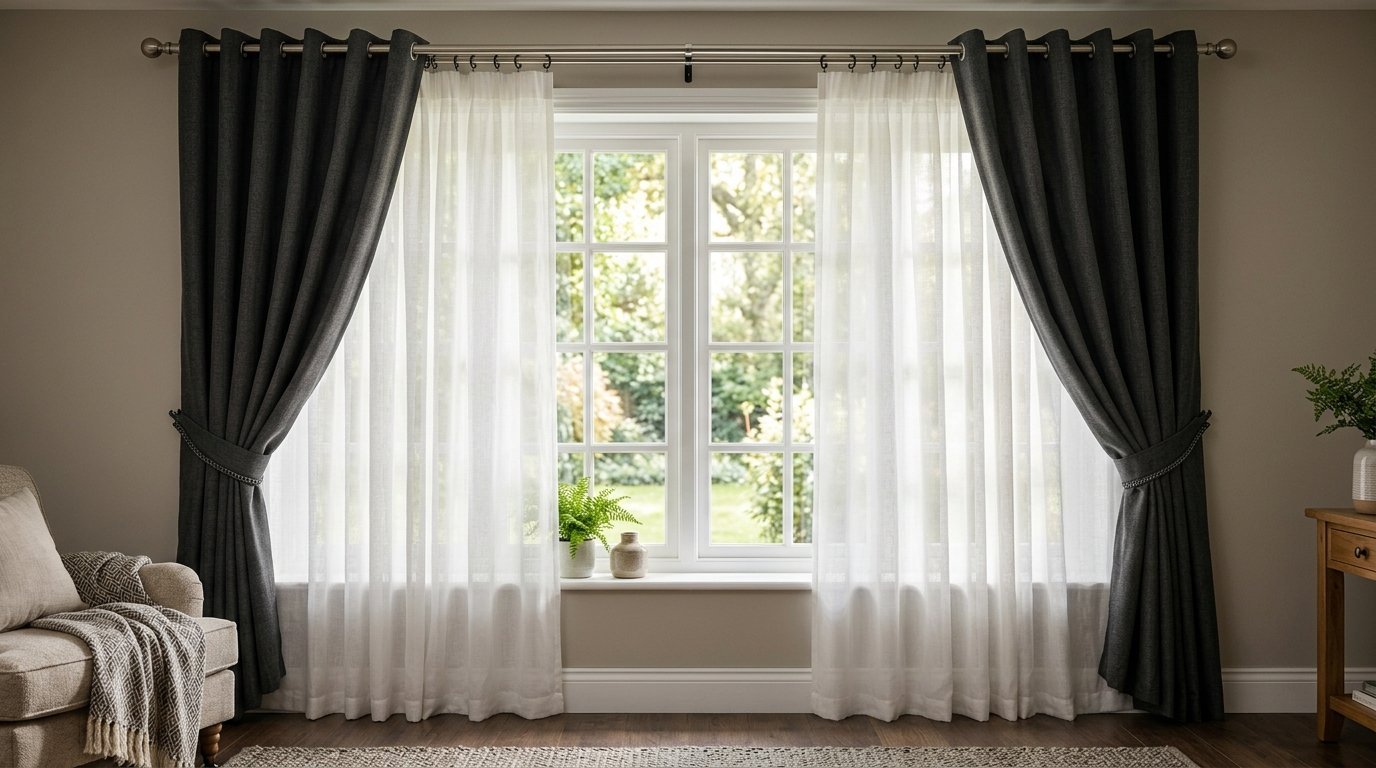 Window featuring heavy charcoal curtains paired with light white sheer panels in a cozy living room setting.
