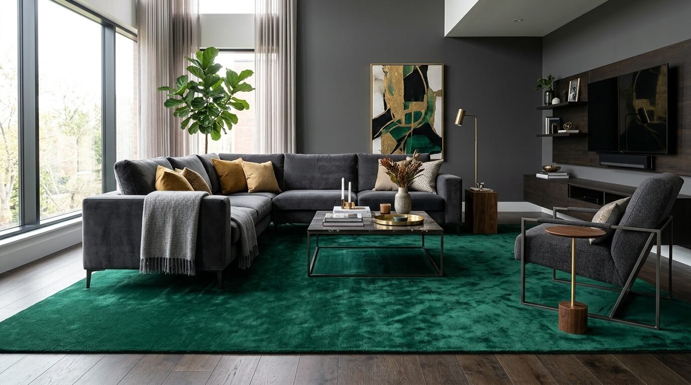 L-shaped grey sofa and matching armchair arranged on a vibrant green carpet in a contemporary dark-walled lounge.