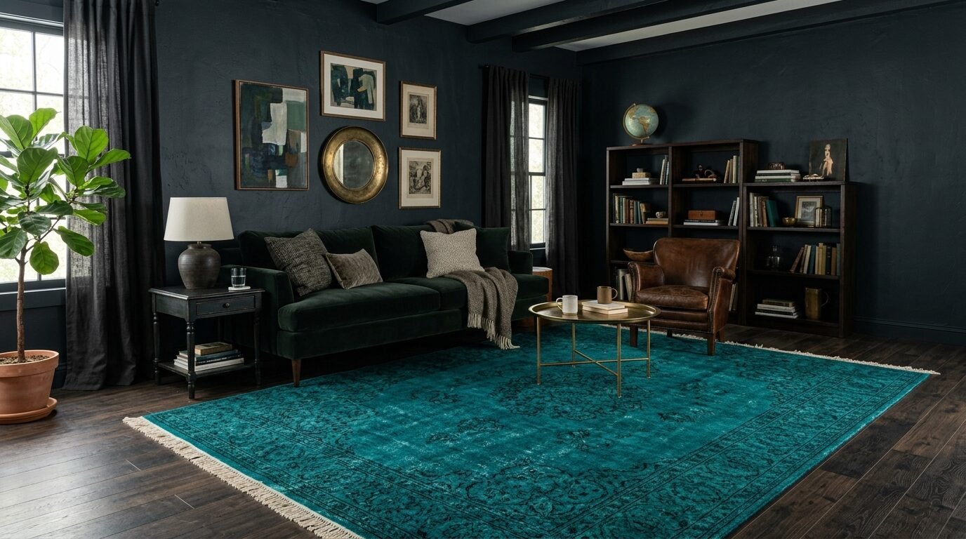 Dark interior with green velvet sofa, brown leather armchair, and a large patterned teal rug on a wood floor.