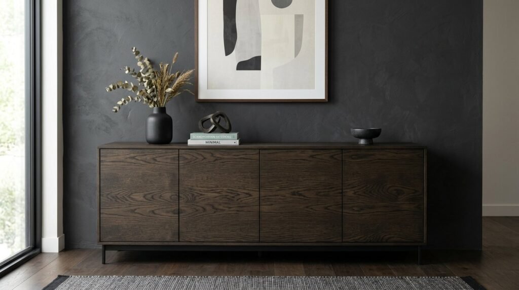 A high-quality dark oak sideboard with clean lines in a brightly lit modern interior.