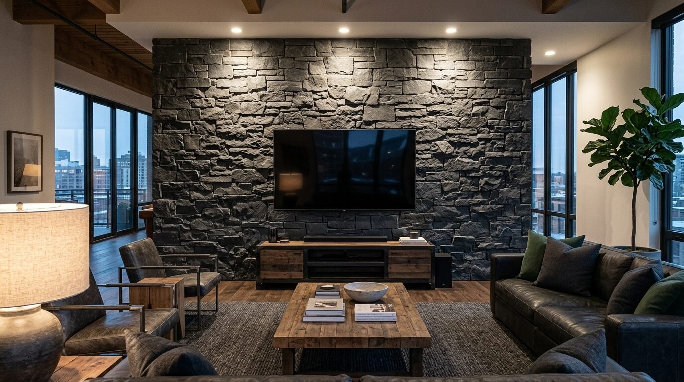 A rustic stone wall with a wall-mounted TV in a dimly lit, contemporary urban loft.