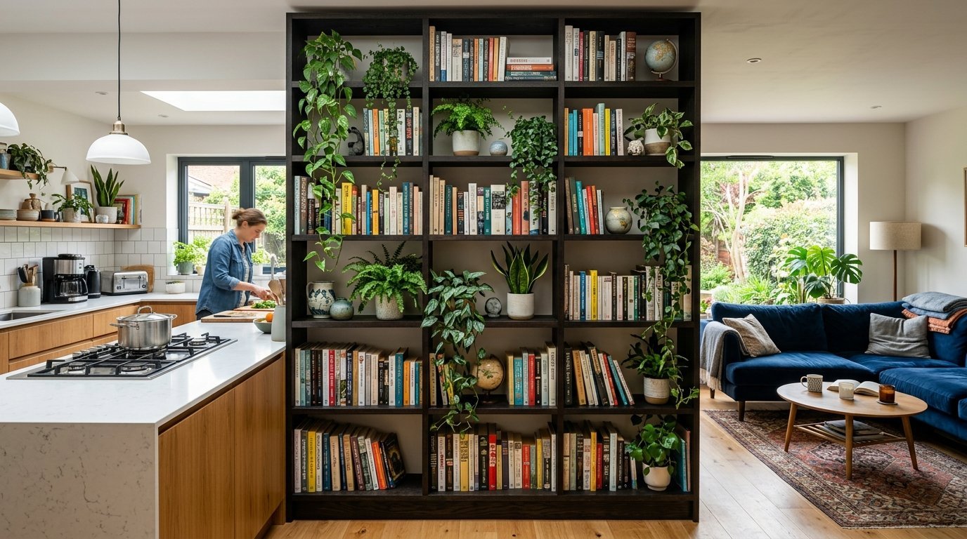 Tall dark wooden shelving unit filled with books and trailing plants separating a kitchen and blue living room.