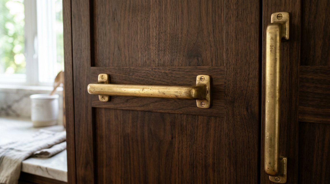 Distressed gold metal pull handles mounted on dark stained wooden kitchen cabinet doors.