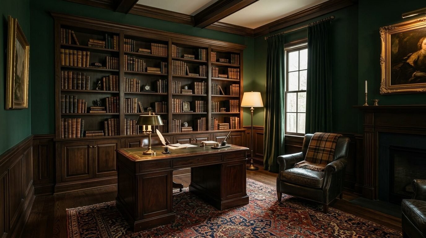 An elegant study with dark green walls, mahogany desk, leather armchair, and a Persian rug.